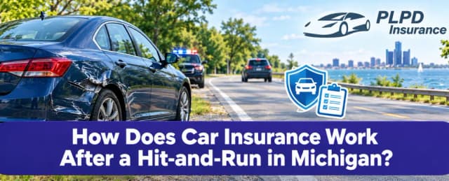 How Does Car Insurance Work After a Hit-and-Run in Michigan? PLPD Insurance banner showing a damaged blue car on a lakeside road with a police vehicle and insurance protection icons, illustrating car insurance after a hit-and-run in Michigan.