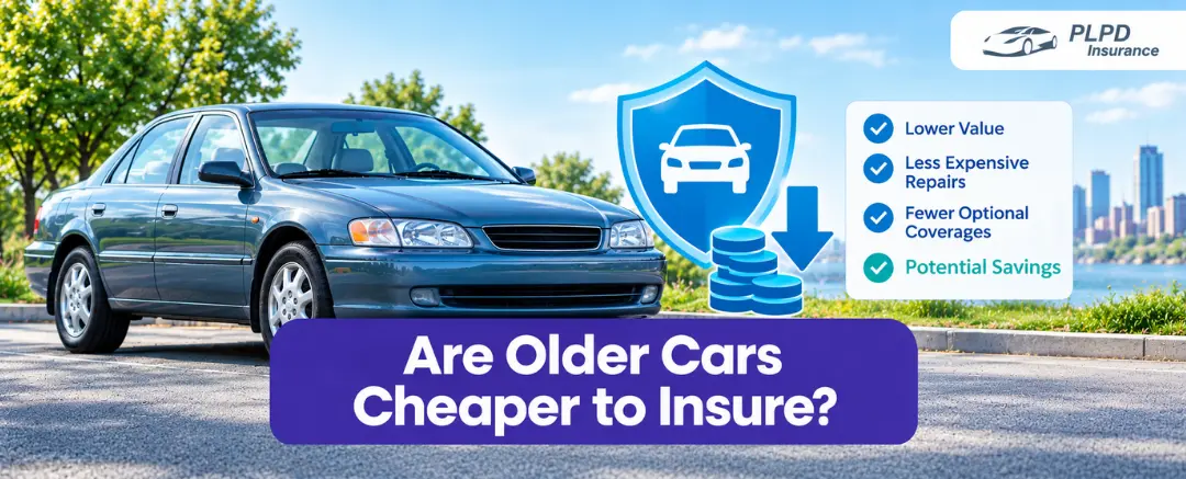 Are Older Cars Cheaper to Insure? PLPD Insurance banner explaining why older cars may be cheaper to insure, highlighting lower vehicle value, less expensive repairs, fewer optional coverages, and potential insurance savings.