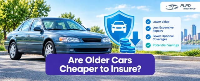 Are Older Cars Cheaper to Insure? PLPD Insurance banner explaining why older cars may be cheaper to insure, highlighting lower vehicle value, less expensive repairs, fewer optional coverages, and potential insurance savings.
